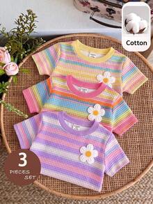 Baby Girls Simple Casual 3-Piece Set Short Sleeve Top Floral Pattern 3 Packs - Multicolor - View 6