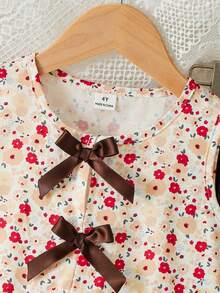 SHEIN Elladie kids 女童新款清新田園風精緻碎花兩件套，粉色蝴蝶結裝飾無袖背心上衣 + 粉色紋理布料寬腿長褲，甜美可愛時尚休閒套裝，夏季 - 棕色 - 查看 7
