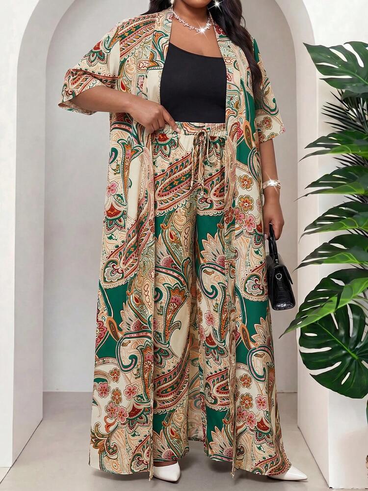 SHEIN Lady Setelan Jaket dan Celana Kasual Motif Paisley Ukuran Besar untuk Liburan (2 Potong) - Dark Green - View 5