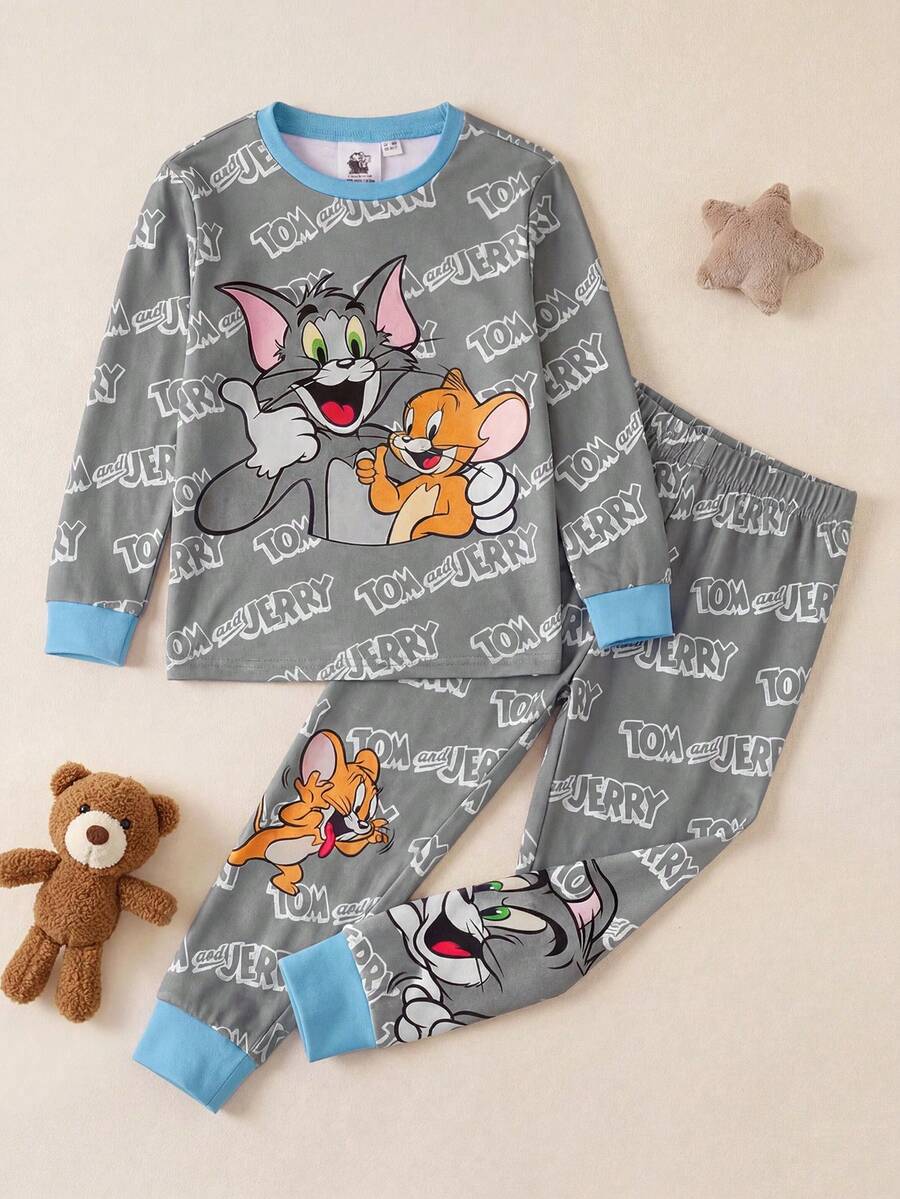 TOM & JERRY X SHEIN 2件套男童卡通图案撞色圆领长袖上衣和裤子休闲紧身睡衣 - 灰色 - 查看 1