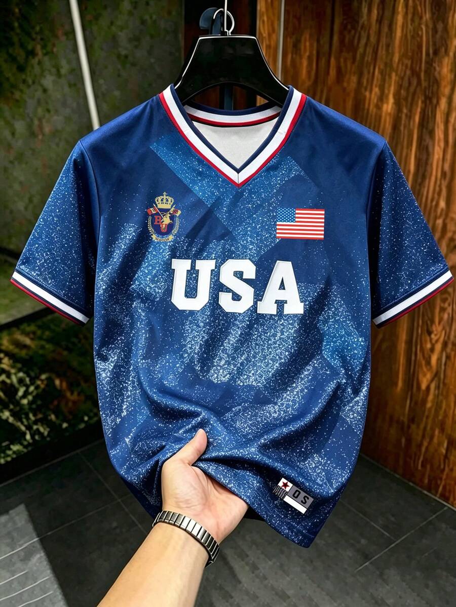 Gritte Field Men's Letter Print Casual Daily Football Short Sleeve Sports Tee, Gym - Multicolor - View 1