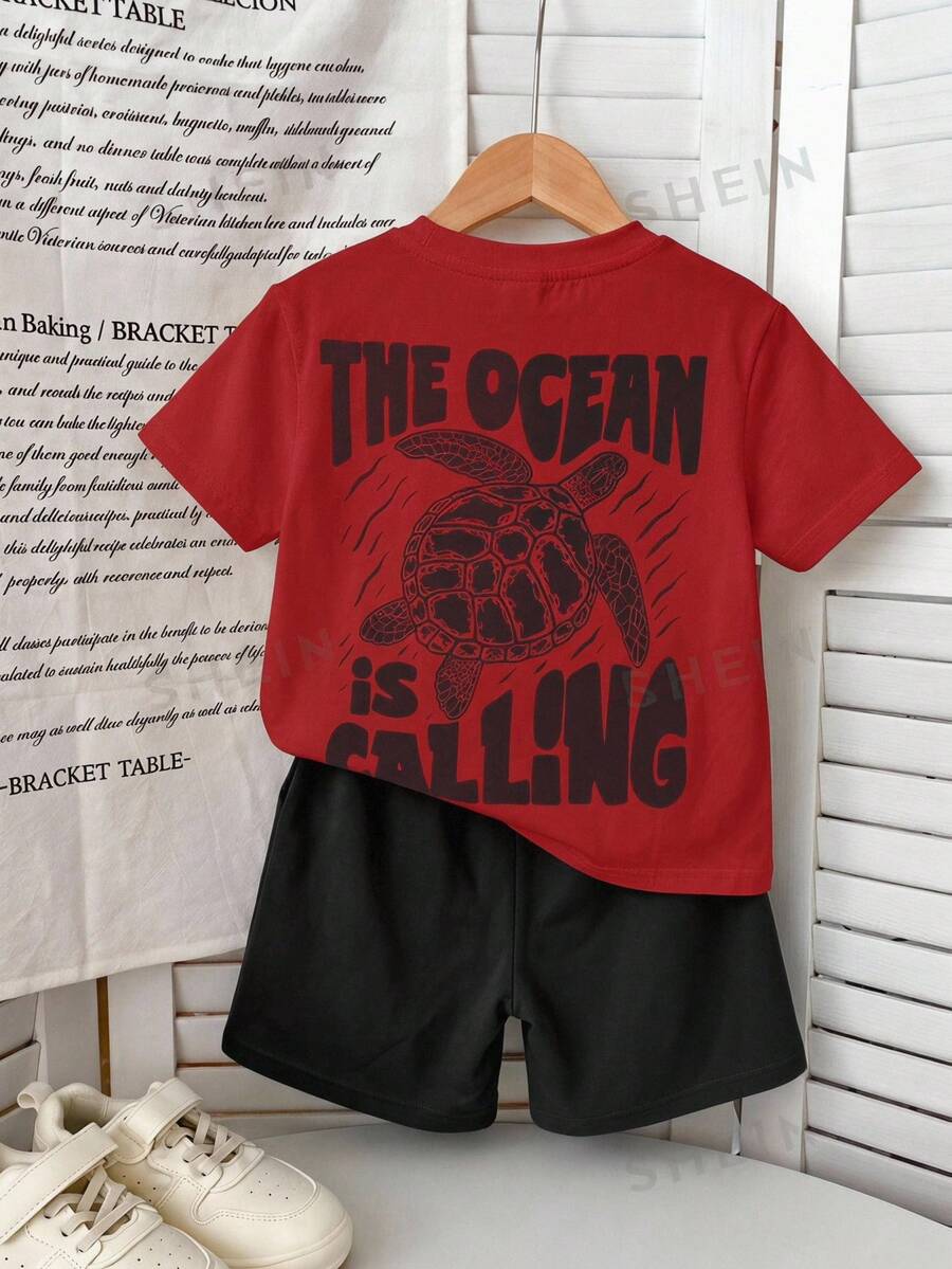 Ensemble d'été décontracté minimaliste pour jeune garçon, t-shirt blanc col rond à manches courtes avec imprimé dos oversize motif tortue de mer dessin animé style vacances, palette de couleurs bleu océan, bord de mer, motif lettres, short bleu, convient pour l'été - Multicolore - Voir 1