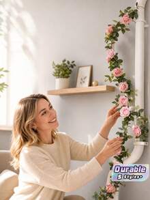 1Pc Large 10 Heads Artificial Rose Vine Garland, Lifelike Plastic Fake Floral Vine, Flexible Winding Greenery For Living Room, Air Condition & Heating Pipe Cover, Ceiling Hanging Decoration - Multicolor - View 1