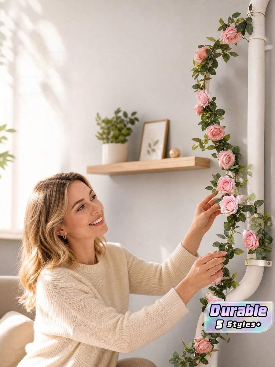 1Pc Large 10 Heads Artificial Rose Vine Garland, Lifelike Plastic Fake Floral Vine, Flexible Winding Greenery For Living Room, Air Condition & Heating Pipe Cover, Ceiling Hanging Decoration - Multicolor - View 1