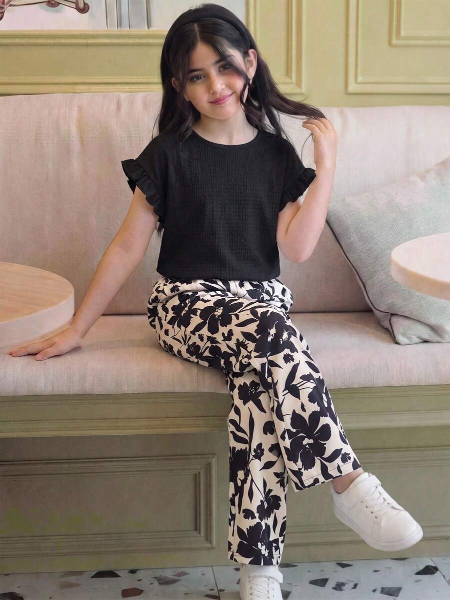 SHEIN 兒童青少年女孩休閒度假風寬鬆版型短袖圓領紋理針織上衣與植物花卉剪影印花長褲兩件套 黑色 - 黑色 - 查看 1