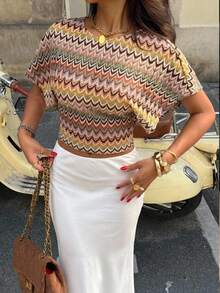 Serisse Chic Boho Striped Beige Knit Hollow Out Tee Summer Vacation - Multicolor - View 2