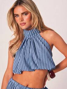 MISSGUIDED 條紋掛脖短版上衣與寬腿長褲套裝 夏季海灘度假兩件式穿搭 - 藍色 - 查看 5