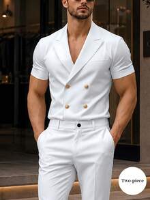 Manfinity Mode 男士翻領短袖雙排扣西裝外套與長褲套裝，正式，老錢風 - 白色 - 查看 1