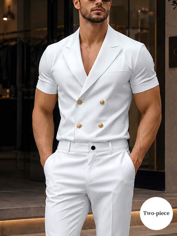 Manfinity Mode Men's Lapel Short Sleeve Double-Breasted Blazer And Trousers Suit Set