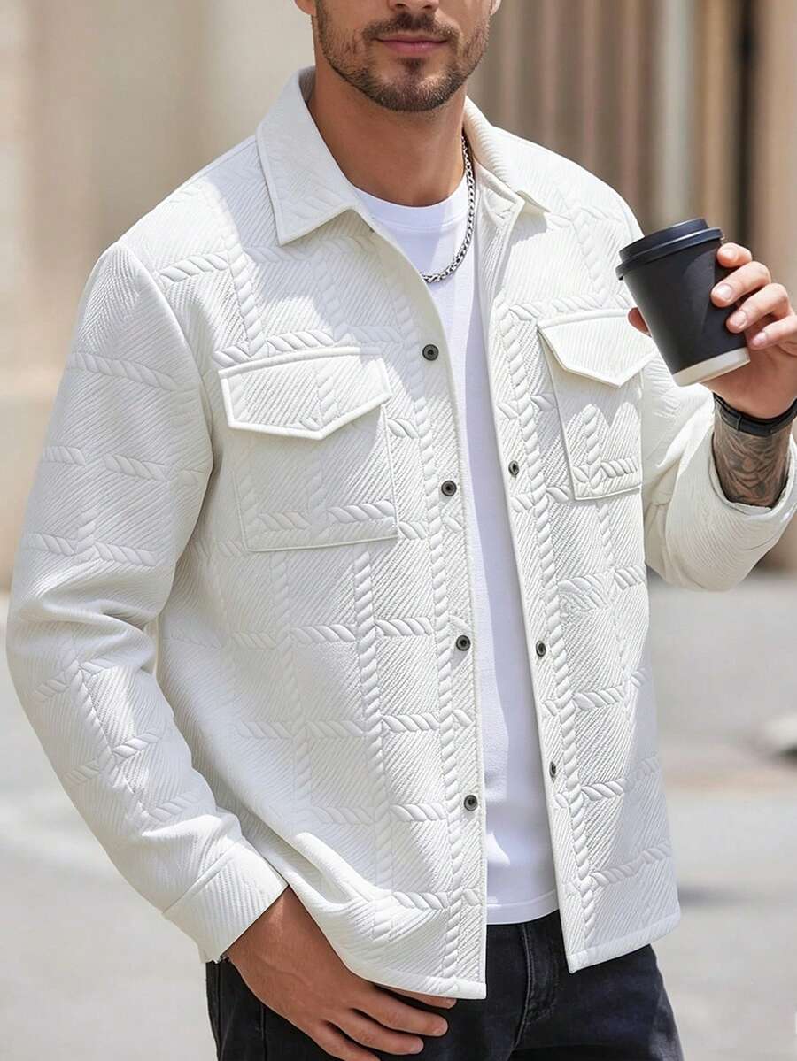 Manfinity Homme Men's Spring/Summer/All-Season White Knitted Textured Casual Mature Long Sleeve Daily Shacket - White - View 1