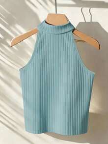 Franclia Women's Solid Color Ribbed Casual Versatile Halter Neck Tank Top - Blue - View 2