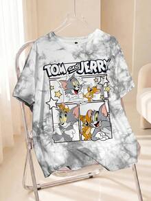 TOM & JERRY X SHEIN 大码夏季街头扎染卡通图案圆领短袖T恤 - 白色 - 查看 1