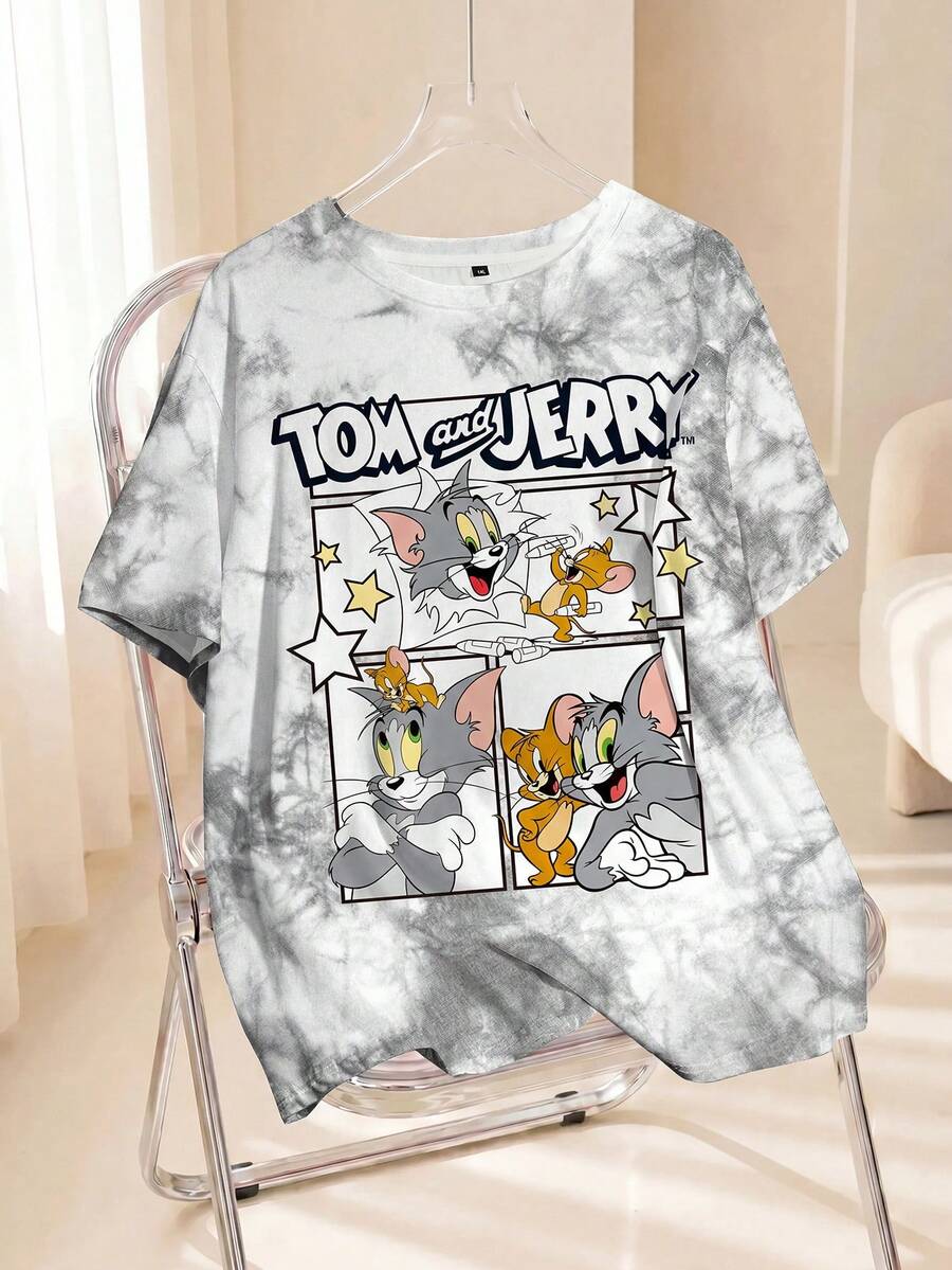TOM & JERRY X SHEIN 大码夏季街头扎染卡通图案圆领短袖T恤 - 白色 - 查看 1