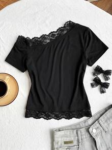 SHEIN Tween Girl Casual Versatile Black Knit Contrast Lace Asymmetrical Shoulder Short Sleeve T-Shirt - Black - View 3