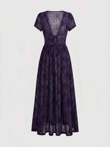 ROMWE Spring/Summer Vacation Beach Dark Gothic Sheer Spider Web Open Front Shirt - Purple - View 3