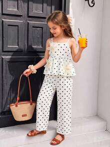 Genkimix Kids 2 Stücke Set für Kleine Mädchen mit schwarzem & weißem Punkt-Muster, 3D-Blumen-Camisole-Top und langer Hose, Mädchen-Punkt-Outfit, Mädchen-Set, elegantes modisches weiches feminines Sommer-Sonnen-2 Stücke-Set für Kinder - Weiss - Übersicht 3