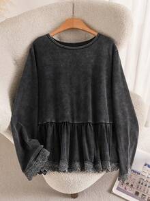 CosyJoli Plus Size Washed Snowflake Long Sleeve T-Shirt, Ruffle Trim T-Shirt, Casual Women's Autumn Long Sleeve Top - Black - View 1