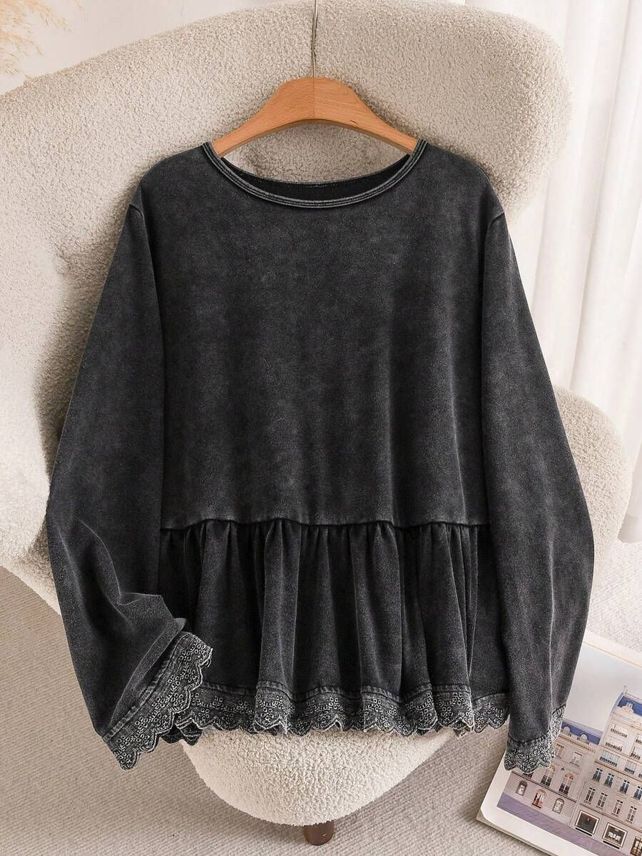 CosyJoli Plus Size Washed Snowflake Long Sleeve T-Shirt, Ruffle Trim T-Shirt, Casual Women's Autumn Long Sleeve Top - Black - View 1
