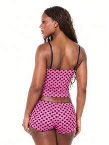 SUMWON WOMEN Polka Dot Cami And Shorts Sleep Set With Bow Detail Satin Finish Cozy Loungewear Pajama Set - Pink - View 2