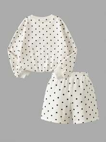 SHEIN Tween Girls Autumn Outfits 2pcs/Set Off-White Polka Dot Print Sweatshirt Mini Set, Loose Round Neck Sweatshirt + Shorts School Student Cute - Beige - View 8