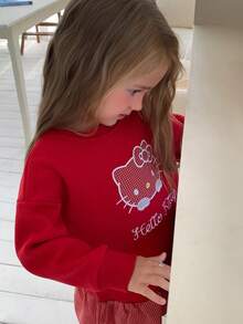 HELLO KITTY | DAZY Patchwork Design KT Cat Embroidered Loose Fit Long Sleeve Autumn/Winter Young Girls' Dress - Burgundy - View 5