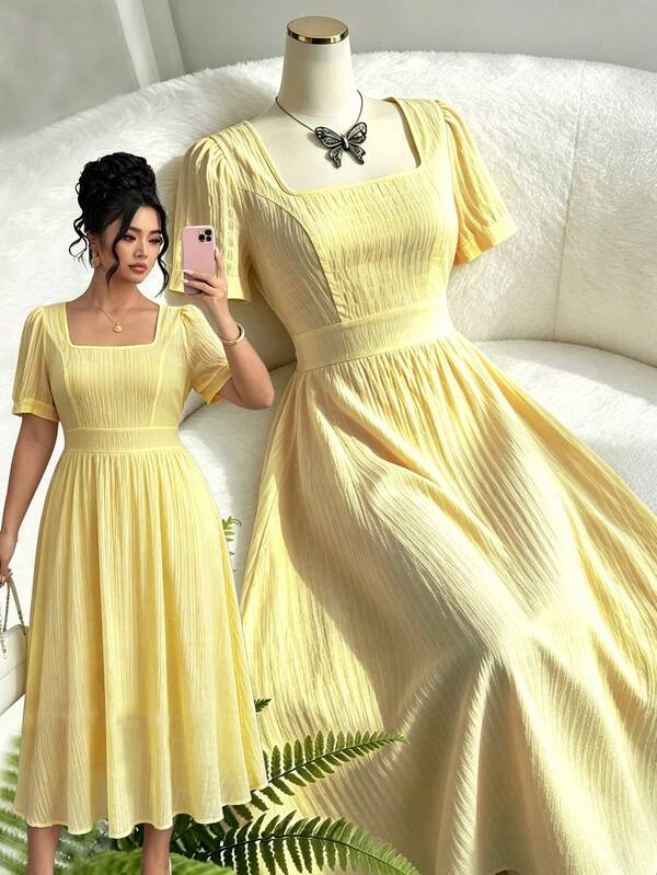 Elenzga Vestido largo de verano elegante para mujer talla grande, color amarillo, cuello cuadrado, manga corta, línea princesa, cintura ceñida, corte evasé en A, efecto estilizante, para vacaciones