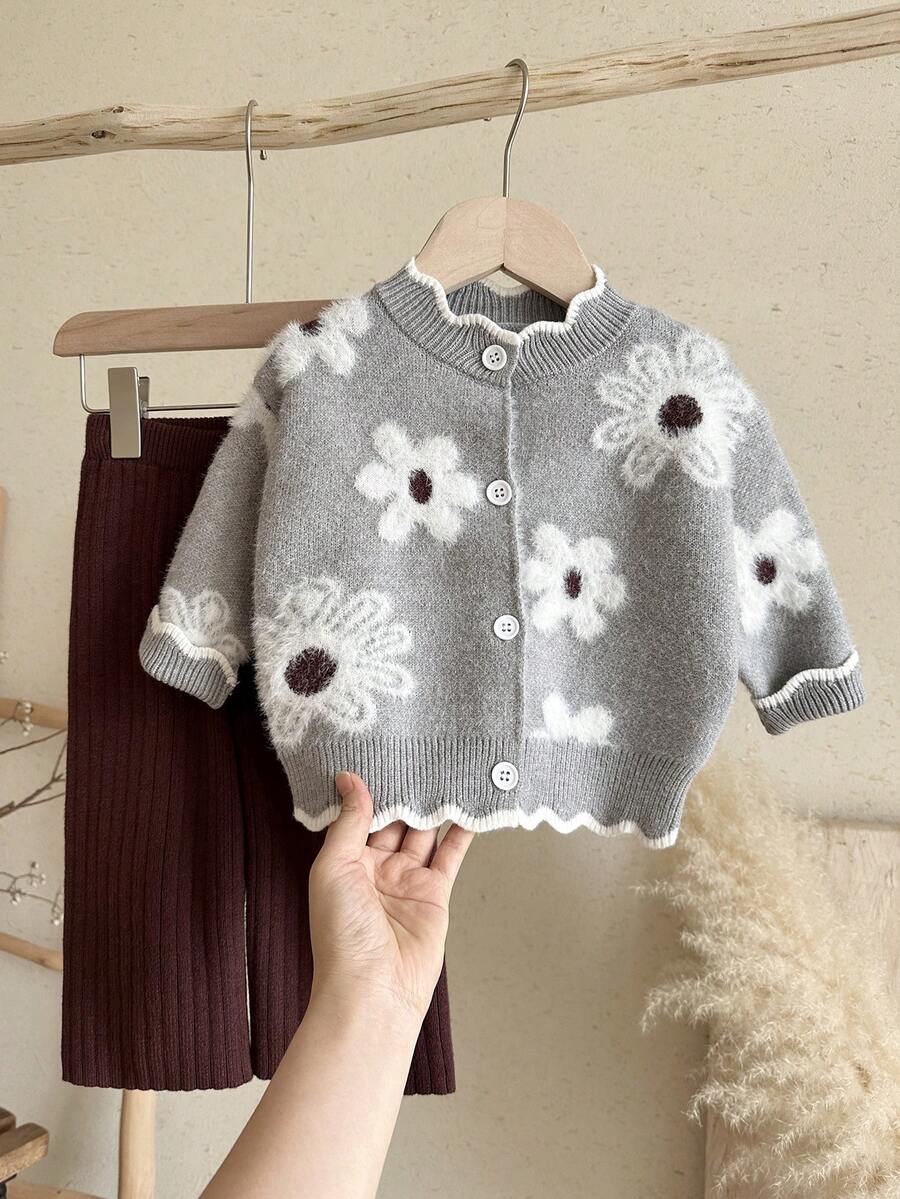 SHEIN Baby Girl Knitted Stand Collar Floral Pattern Casual Sweater & Long Pants 2 Pieces Set - Multicolor - View 1