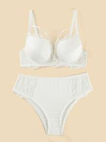 Bralution Solid Color Lace Comfortable Daily Underwire Molded Cup Support Fabric Patchwork Plus Size Lingerie Set Summer - White - View 10