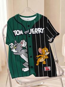 TOM & JERRY X SHEIN Tween Boy Cartoon & Striped Print Color Block Round Neck Short Sleeve T-Shirt - White - View 1