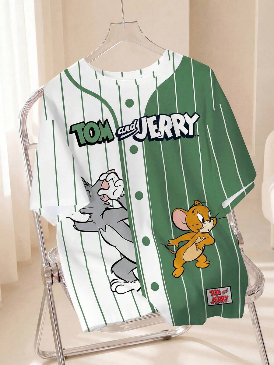 TOM & JERRY X SHEIN Men's Cartoon Print Loose Casual Short Sleeve T-Shirt - White - View 1