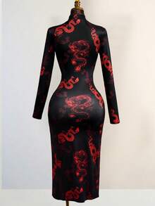 Mistrie Sexy Women's Hollow Front Stand Collar Button Faux Cheongsam High Slit Maxi Dress - Red and Black - View 2
