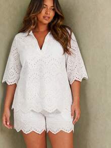 ELLERISSA Plus Size White Broderie Shirt & Shorts Co-Ord Set - White - View 3
