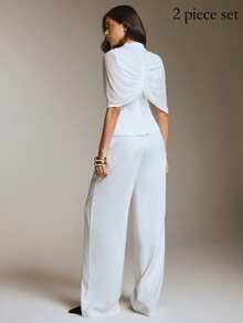 COSMINA Women's Mesh Patchwork Waist-Cinched Blazer & Wide Leg Pants Set - White - View 2