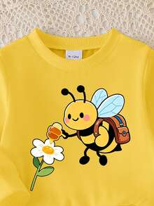SHEIN Playful Pals 女嬰 2 件套 小蜜蜂花卉印花圓領長袖衛衣上衣＋喇叭褲 秋冬度假派對 淡黃色黑色 - 彩色 - 查看 4