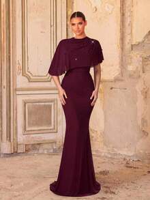 Aureia 2026 Nuovo Elegante Abito Lungo Rosso Angola Romantico in Rete Lussuoso con Decorazioni di Perline e Diamanti Arricciati Vestibilità Slim Bodycon per Donne Matrimoni Eventi Tutte le Occasioni Formali Sposa Madre Abito da Sera - Bordò - Visualizzare 1