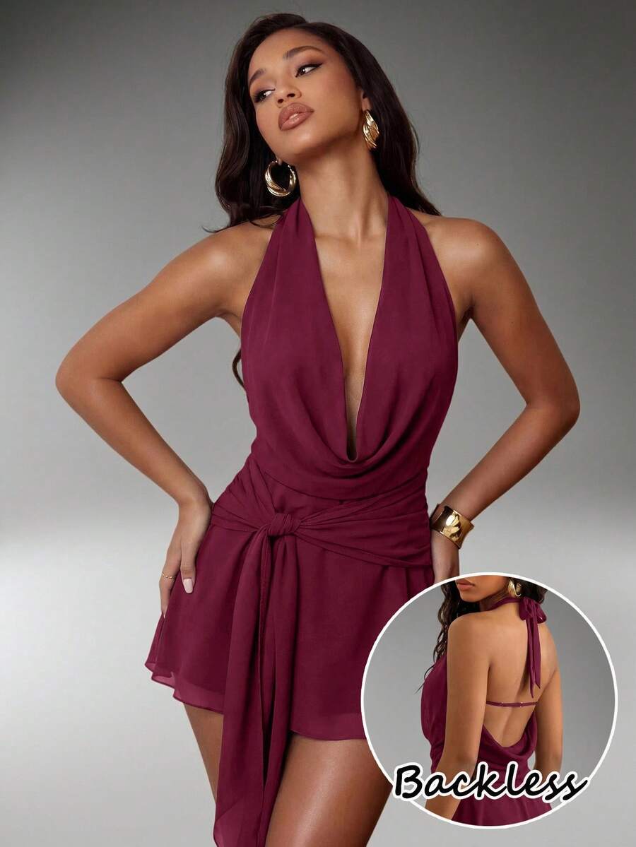 Normani Gaun Mini Seksi Wanita Warna Polos dengan Tali Leher untuk Kencan - Burgundy - View 1
