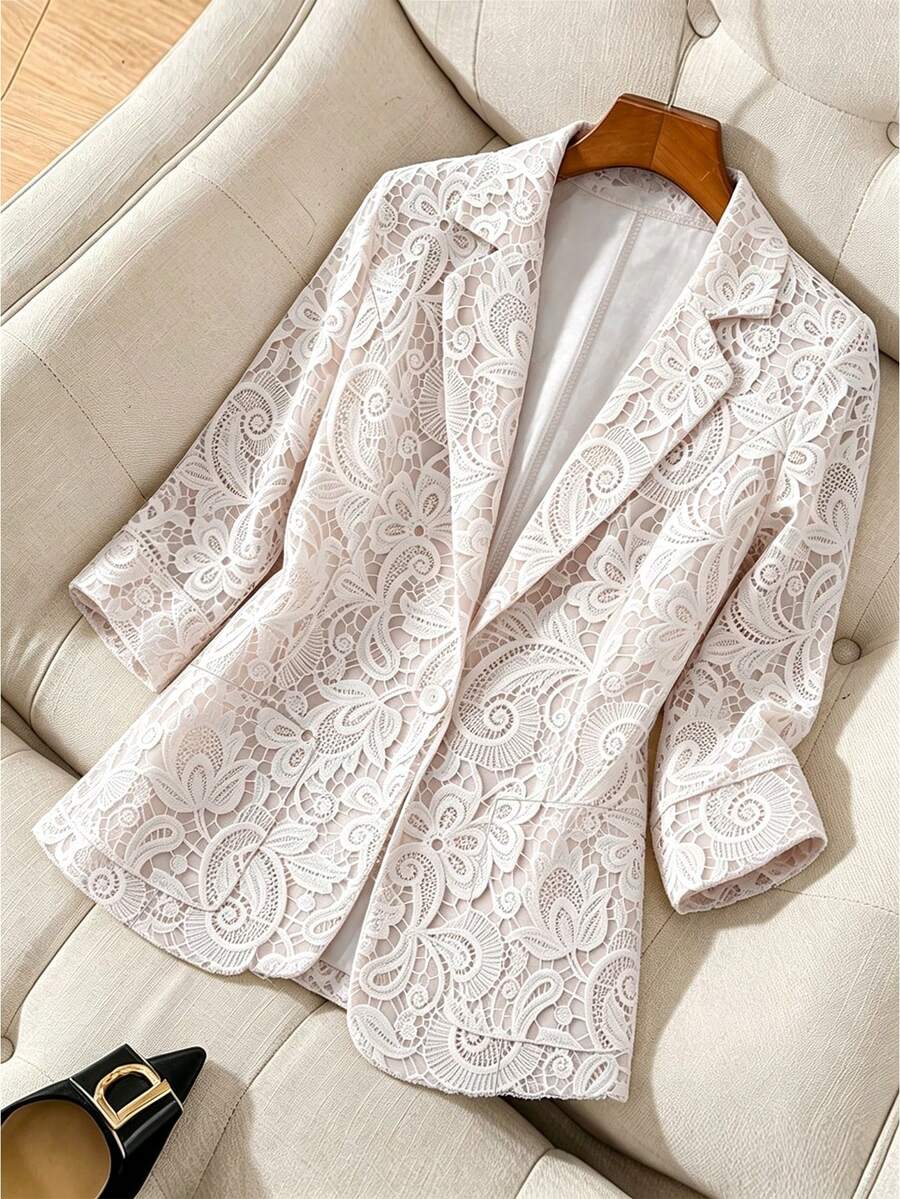 SHEIN Franclia 女款蕾絲印花單鈕扣西裝外套,夏季杏色通勤社交上衣/辦公上衣,商務正裝度假女款工作西裝外套 - 杏色 - 查看 1