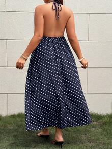 Sunnyshic Robe longue bleu marine à pois avec patchwork de dentelle, col en V, dos nu, nouée dans le dos, coupe trapèze, pour femmes, été, élégante, bohème, douce, mignonne, vacances, plage - Bleu marine - Voir 2