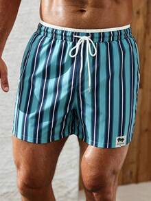 Manfinity KASUA Men's Vacation Drawstring Waist Letter Print Denim Beach Shorts - Green - View 5