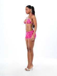 BABYPHAT Triangle Bikini Top With Contrast Coverstitch Detailing And Halter Tie Neck For Beach Summer - Hot Pink - View 5
