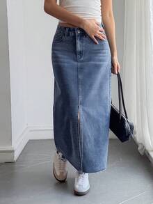 DAZY Distressed Washed Split Hem Straight Long Skirt Casual Vacation Spring Autumn Women's Denim Skirt School - Blue - View 4