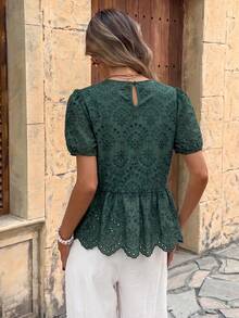 SHEIN LUNE 女款休閒刺繡夏季度假/通勤日常基礎時尚外套，泡泡袖短袖收腰可愛襯衫 - 綠色 - 查看 2