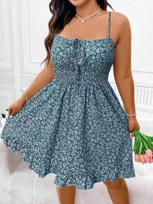Elenzga Plus Ditsy Floral Print Tie Front Ruffle Hem Cami Dress Vacation Beach Outfits Women - Blue - View 5
