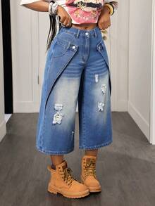 Slaydiva Women's Casual Daily Wear Denim Jeans With Pocket, Button And Distressed Design - Blue - View 3