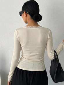 DAZY Women's V-Neck Lace Patchwork Slim Fit Base Layer Top - Apricot - View 4