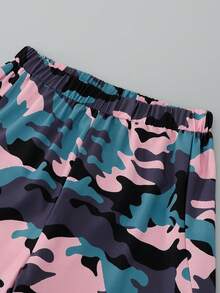 SHEIN 青少年女孩返校季秋冬長褲，粉藍迷彩印花寬鬆寬腿運動褲，彈性高腰休閒嘻哈慢跑長褲 - 彩色 - 查看 6