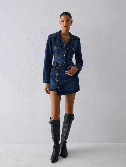 ATUI Studio Fall/Winter Casual Business Women's Button Long Sleeve Top And Denim Mini Skirt Casual Daily Outfit