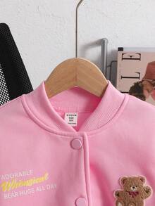 Chaqueta de béisbol casual simple con parches de oso para niña preadolescente, otoño/invierno - Rosa - Ver 6