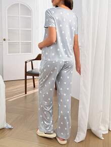 Moonlight&Mama Spring/Summer Fashion Light Gray & White Contrast Heart Print Short Sleeve Long Pants Maternity Pajama Set - Grey - View 2