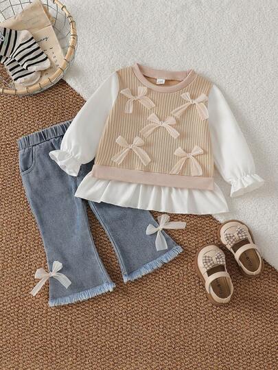 SHEIN Girls Outfit Sets Family Matching Cute 3D Bow Decor Textured White Blue Patchwork Long Sleeve Top Flared Denim Pants 2-Piece Set Autumn Photoshoot
